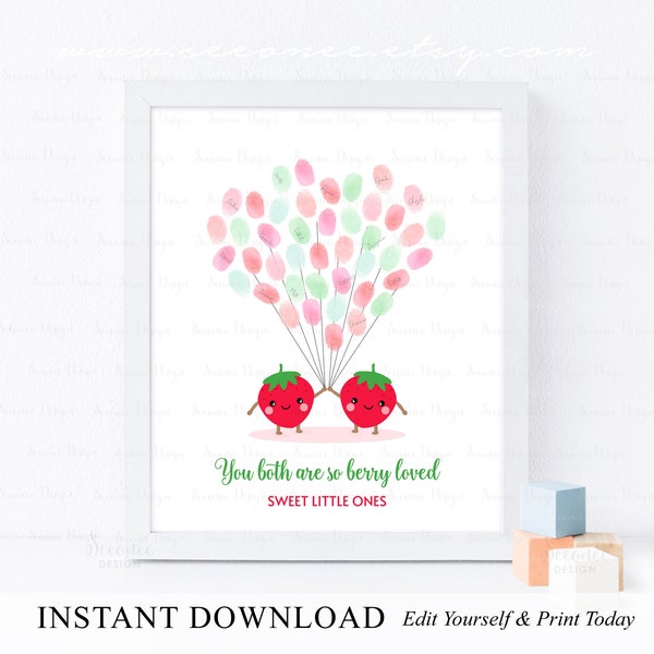 Editable Twin Strawberry Birthday Party Fingerprint Guestbook Sign Art, Sweet Strawberry Twin Party Thumbprint Guest Book Poster Gift Ideas