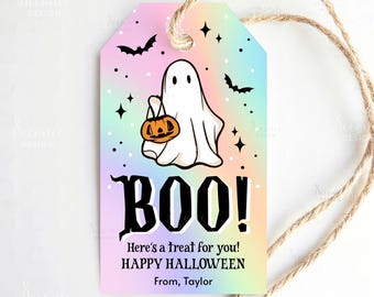 Utskrivbar Halloween-presentetikett med "Här är en godbit till dig", Glad Halloween-etikett, Rainbow Boo Bus eller Treat-påsetikett, Redigerbara läskiga presentetiketter