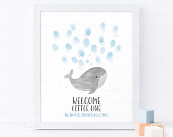 Whale Baby Shower Fingerprint Guestbook Sign, Gender Neutral Baby Shower Thumbprint Guest Book Printable, Whale Nursery Art Instant Download