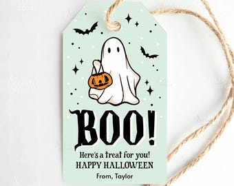 Utskrivbara Halloween-presentetiketter, Glad Halloween-gåvoetiketter, Mintgrön läskig bus eller godis-Halloween-presentetikett