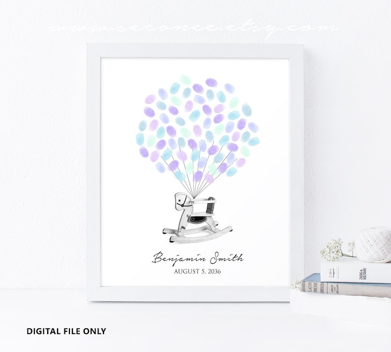 May include: A framed print featuring a rocking horse with a cluster of pastel-colored fingerprints resembling balloons. The print includes the name "Benjamin Smith" and the date "AUGUST 5, 2036". The text "DIGITAL FILE ONLY" is at the bottom.