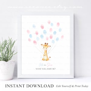 INSTANT DOWNLOAD Editable Giraffe Gender Reveal Fingerprint GuestBook Alternative, Giraffe Thumbprint Gender Guess Game, Baby Keepsake Gift