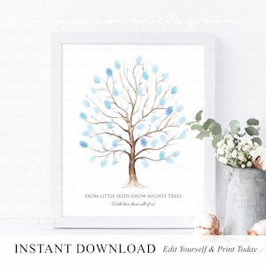 INSTANT DOWNLOAD Editable Winter Fingerprint Tree Guestbook Alternative, Blue Thumbprint Tree Guest Book Sign Poster, Birthday Keepsake Gift