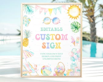 Bewerkbare Pool Party Custom Sign Tropical Splish Splash Pool Party Bash Verjaardagsfeestje Decoratie Tafelbord Afdrukbare Instant Download PP01