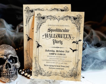 Invitación de Halloween vintage, fiesta de disfraces de Halloween gótica para adultos, imprimible, descarga digital HP02