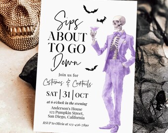 Adult Halloween Sips About To Go Down Skeleton Invitation, Cocktails And Costumes Invite, Halloween Party Invitation, Digital Template HP07