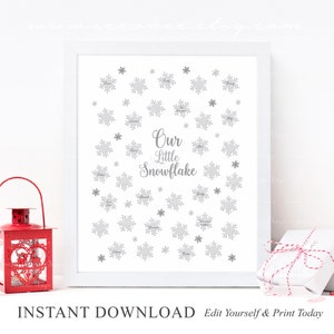 May include: A printable white sign with a grey snowflake design. The sign says "Our Little Snowflake" and has a space for names to be written on each snowflake.