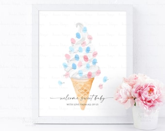 INSTANT DOWNLOAD Editable Ice Cream Baby Shower Fingerprint Guestbook Alternative Gift, Ice Cream Gender Reveal Game Thumbprint Poster Sign
