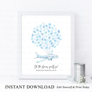 INSTANT DOWNLOAD Editable Blue Airplane Thumbprint Poster Guestbook Alternative, Time Flies Birthday Fingerprint Guest book Poster Sign Gift