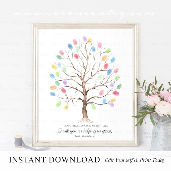 INSTANT DOWNLOAD Editable Fingerprint Tree Teacher Appreciation Gift, End Of Year Keepsake Gift, Thank You For Helping Us Grow Tree Art Gift