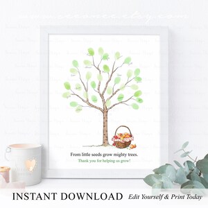 May include: A printable watercolor illustration of a tree with green leaves and a basket of apples at the base. The text "From little seeds grow mighty trees. Thank you for helping us grow!" is below the image.