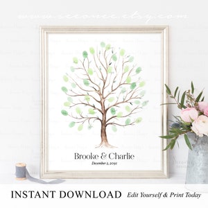 INSTANT DOWNLOAD Editable Wedding Fingerprint Tree Guestbook Alternative, Engagement Thumbprint Guest Book Sign, Anniversary Keepsake Gift