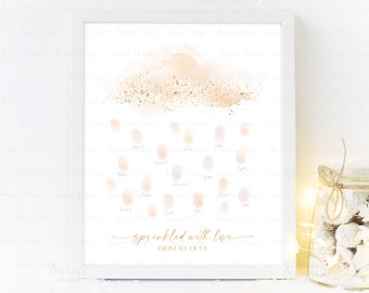 INSTANT DOWNLOAD Editable Gold Sand Cloud Fingerprint Guest Book Alternative, Raindrop Baby Shower Thumbprint Guestbook, Sprinkled With Love