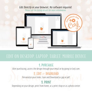 May include: A digital mockup of a printable design for a fruit-themed baby shower. The design features a cartoon orange with a face and a stem with white confetti. The text on the design reads "Our Little Citrus". The design is shown on a computer screen, a tablet, and a smartphone. The text "Personalize with Corjl" is in a circle with a gear icon.