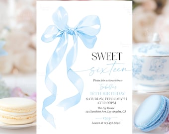 Sweet16 Birthday Invitation Blue Bow Sweet Sixteen Invitation Editable Template Girl Coquette Blue Bow 16th Birthday Party Invite A2B1