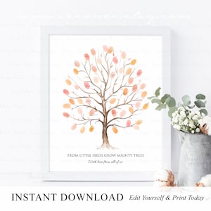 May include: A printable watercolor tree with pink and orange leaves. The tree is surrounded by a white frame and the text "FROM LITTLE SEEDS GROW MIGHTY TREES With love from all of us".