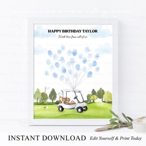即時ダウンロード編集可能なゴルフ誕生日指紋ゲストブックサイン、Let's Par Teeゴルフ誕生日指紋ゲストブック記念品、あらゆる年齢のギフト