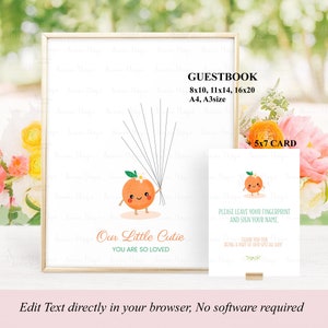May include: A printable orange-themed baby shower guestbook with a cute cartoon orange holding balloons. The text reads "Our Little Cutie You Are So Loved". It also includes a 5x7 card that says "Please leave your fingerprint and sign your name. Thank you for being a part of our special day."