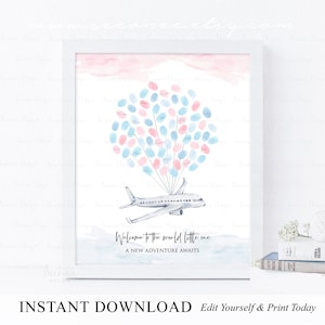 INSTANT DOWNLOAD Editable Airplane Baby shower Fingerprint Guestbook Alternative, Travel Airplane Thumbprint Poster Sign, Baby Keepsake Gift