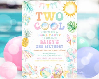 Editable Two Cool Birthday Party Invitation Tropical Splish Splash Summer 2nd Birthday Invites Pool Party Birthday Instant Download PP01