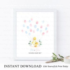 INSTANT DOWNLOAD Editable Duckling Gender Reveal Fingerprint Guestbook Alternative, Waddle It Be, Duck Gender Guess, Thumbprint Poster Sign