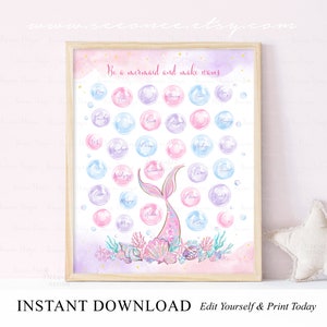 INSTANT DOWNLOAD Editable 32 Bubbles Pink Mermaid Tail Sign in Poster, Splish Splash Mermaid Guestbook Alternative, Mermaid Party Decor Sign