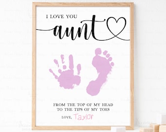 Aunt Birthday Handprint Footprint Craft Gift Printable, DIY Baby Kids Toddler Hand Print Sign Gift For Aunt, Mother's Day Aunt Gift Ideas