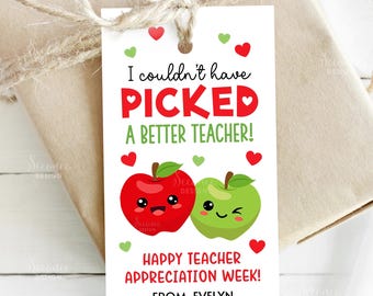 Printable Apple Teacher Appreciation Gift Tags, I Couldn't Have Picked A Better Teacher School Treat Bag Favor Tag Instant Digital Download