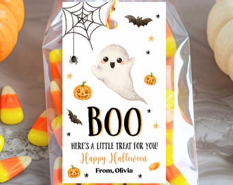 Printable Halloween Treat Bag Tags Cute Ghost Halloween Trick or Treat Gift Tag Personalized Halloween Favor Classroom School Treat Gift Tag