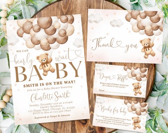 May include: A set of printable baby shower invitations with a teddy bear holding balloons. The invitation says "We can barely wait baby" and includes the text "Smith is on the way!"  The invitation also includes the text "Join us for a baby shower honoring Charlotte Smith".