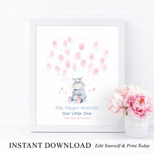 INSTANT DOWNLOAD Editable Pink Hippo Birthday Thumbprint Guestbook Alternative, Hip Hippo Hooray Party Fingerprint Balloon Poster Sign Gift