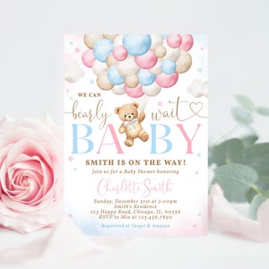 May include: A baby shower invitation with a watercolor background featuring a teddy bear holding balloons. The invitation says "We can barely wait Baby Smith is on the way!" and includes the date, time, and location of the shower.