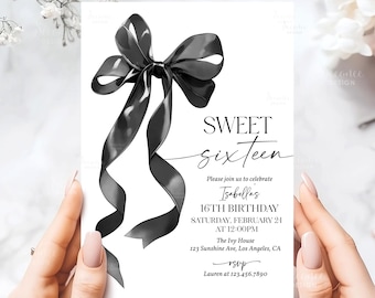 Sweet 16 Birthday Invitation Black Bow Sweet Sixteen Invitation Editable Template Girl Coquette Black Bow 16th Birthday Party Invite A2BK1