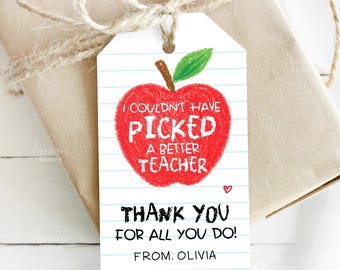 I Couldn't Have Picked A Better Teacher Tag Printable, End Of School Year Favor Tags, Apple Teacher Appreciation Gift Tag Label Kids Daycare