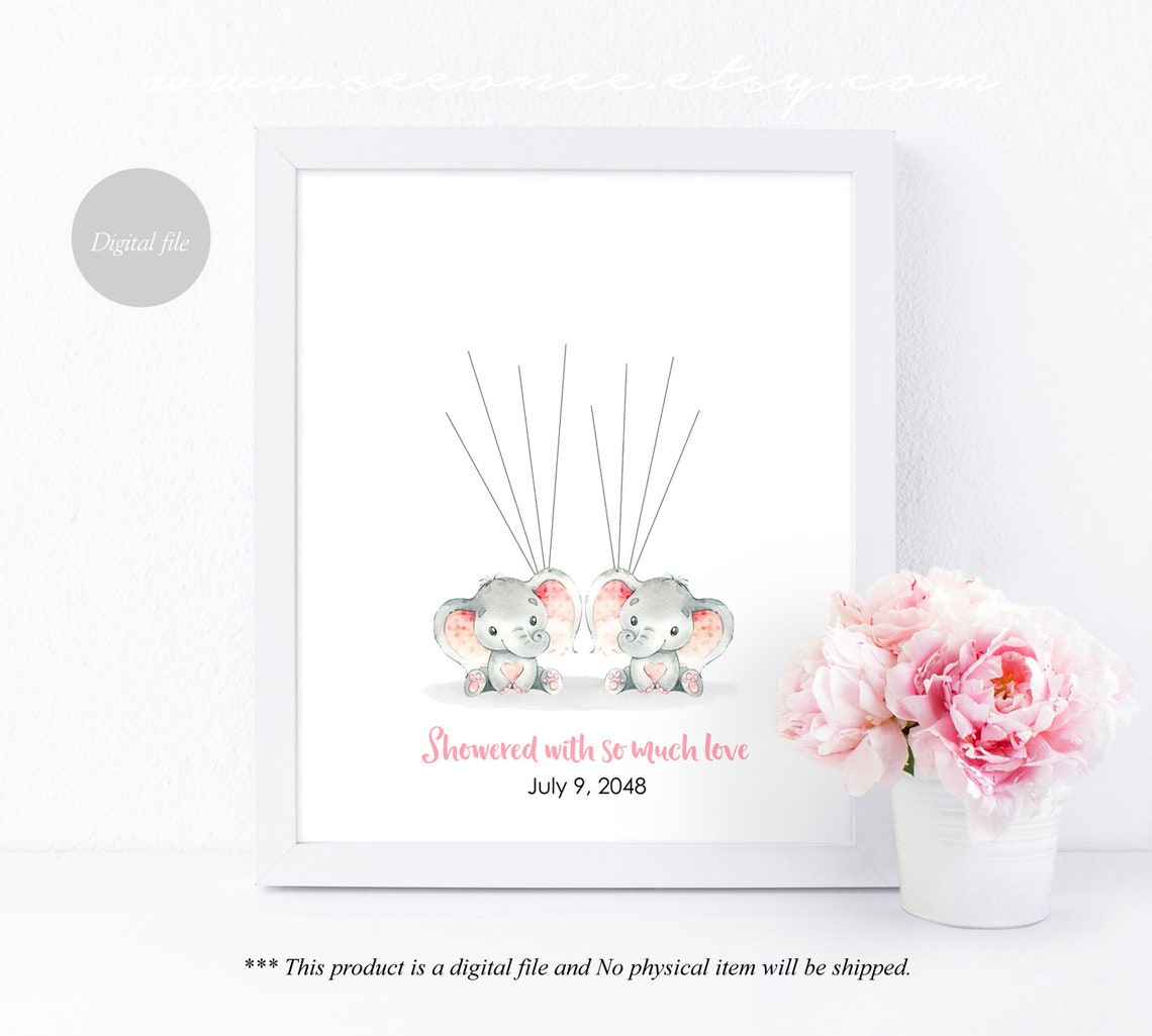 Pink Elephant Twins Guestbook Twins Baby Shower Fingerprint | Etsy
