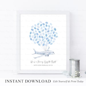 May include: A printable blue and white airplane themed guest book with the text "Life is a Journey. Enjoy the Flight. With Love From All of Us".