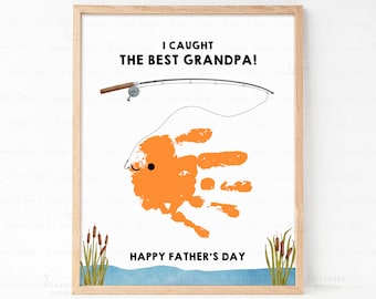 I Caught The Best Grandpa DIY Handprint Art, Father's Day Gift For Grandfather, Fathers Day Keepsake From Kids, Fishing Handprint Craft Gift
