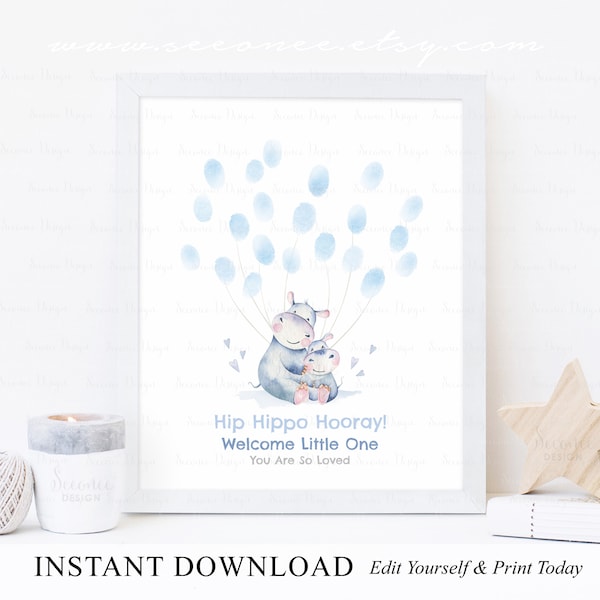 INSTANT DOWNLOAD Editable Hippo Baby Shower Fingerprint Guestbook Alternative, Hip Hippo Hooray Thumbprint Guest Book Poster Sign, Baby Gift