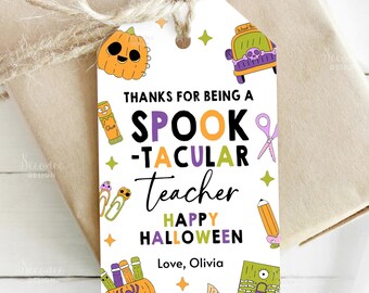 Etiquetas de regalo de Halloween para profesores espeluznantes, etiqueta de regalo para profesores de la fiesta de Halloween de la escuela editable, etiqueta de regalo personalizada, descarga instantánea imprimible