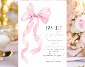 Sweet 16 Birthday Invitation Pink Bow Sweet Sixteen Invitation Editable Template Girl Coquette Pink Bow 16th Birthday Party Invite A2P1