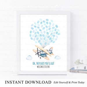 INSTANT DOWNLOAD Editable Oh Boy Airplane Baby Shower Fingerprint Guestbook, Oh The Places You&#39;ll Go! Thumbprint Poster Sign, Baby Keepsake
