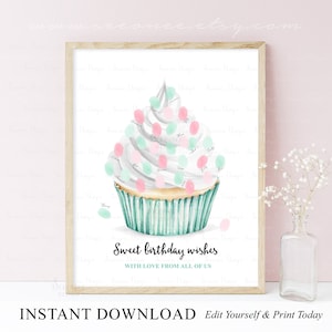 INSTANT DOWNLOAD Editable Baking Birthday Guestbook Alternative, Two Sweet Cupcake Fingerprint Guest Book Sign, Cupcake Thumbprint Art Gift