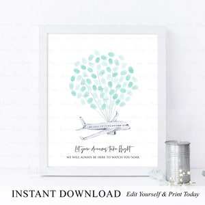 INSTANT DOWNLOAD Editable Time Flies Airplane Fingerprint Guestbook Alternative, Travel Party Thumbprint Sign, Plane Birthday Gift Keepsake