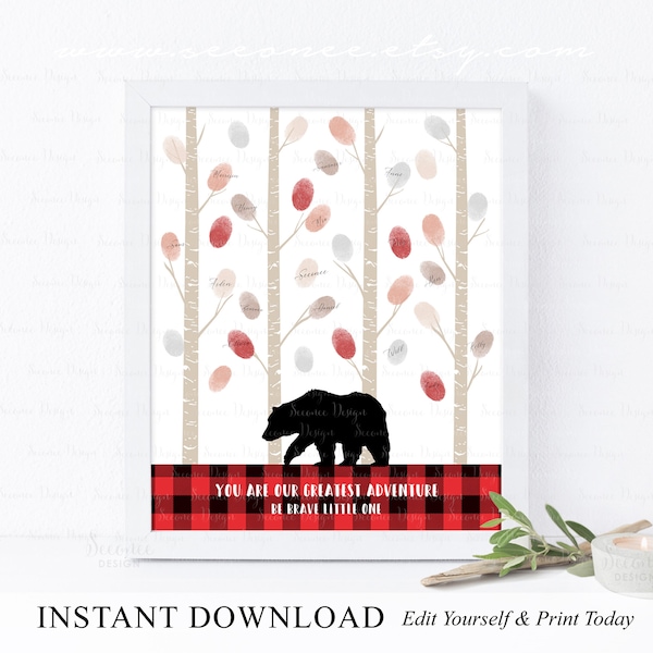 INSTANT DOWNLOAD Editable Red Plaid Lumberjack Bear Fingerprint Tree Guest Book Alternative, Little Cub Birthday Thumbprint Guestbook Sign