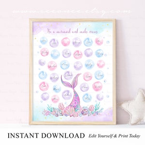 INSTANT DOWNLOAD Editable 32 Bubbles Pink Purple Mermaid Tail Guestbook Alternative, Splish Splash Mermaid Bash Party Sign in Guest book