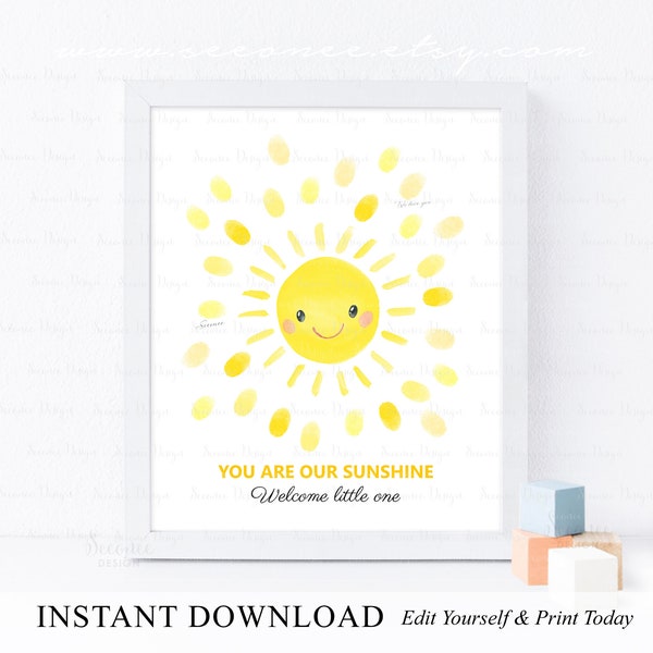 INSTANT DOWNLOAD Editable Sunshine Fingerprint Guestbook, You Are My Sunshine Baby Shower Thumbprint Poster, Sun Party, Baby Keepsake Gift