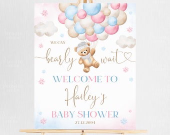 Letrero de bienvenida editable para fiesta de bienvenida al bebé con globo de oso azul rosa de invierno, Letrero de bienvenida para fiesta de bienvenida al bebé con oso de peluche neutro de género A1B3