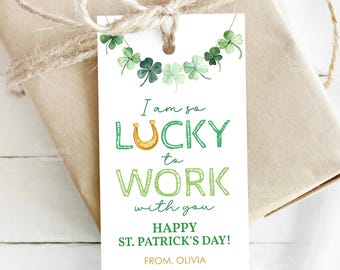 Utskrivbara presentetiketter för St. Patrick's Day-presentetiketter Tur att jobba med dig Presentetikett för medarbetare Tack för personalen Tacketiketter för medarbetare för St. Patrick's Day-presentetiketter