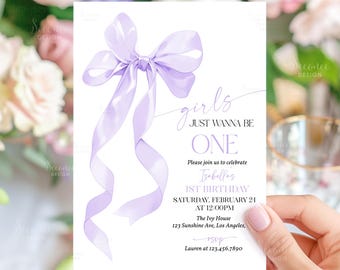 Girls Just Wanna Be One Lavender Bow 1st Birthday Invitation Editable Template Coquette Violet Purple Bow First Birthday Invite A2L1