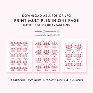 May include: Printable Valentine's Day tags with the message "Jesus Loves You" in red and pink. The tags come in three sizes: 5.08x5.08 cm, 6.35x6.35 cm, and 7.62x7.62 cm. The design includes hearts.